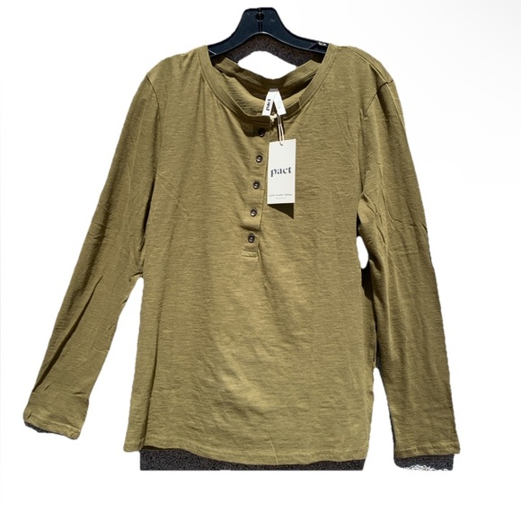 NWT Pact Henley Women's L Olive Green Lizard London Slub Long Sleeve Top Organic - Picture 1 of 8